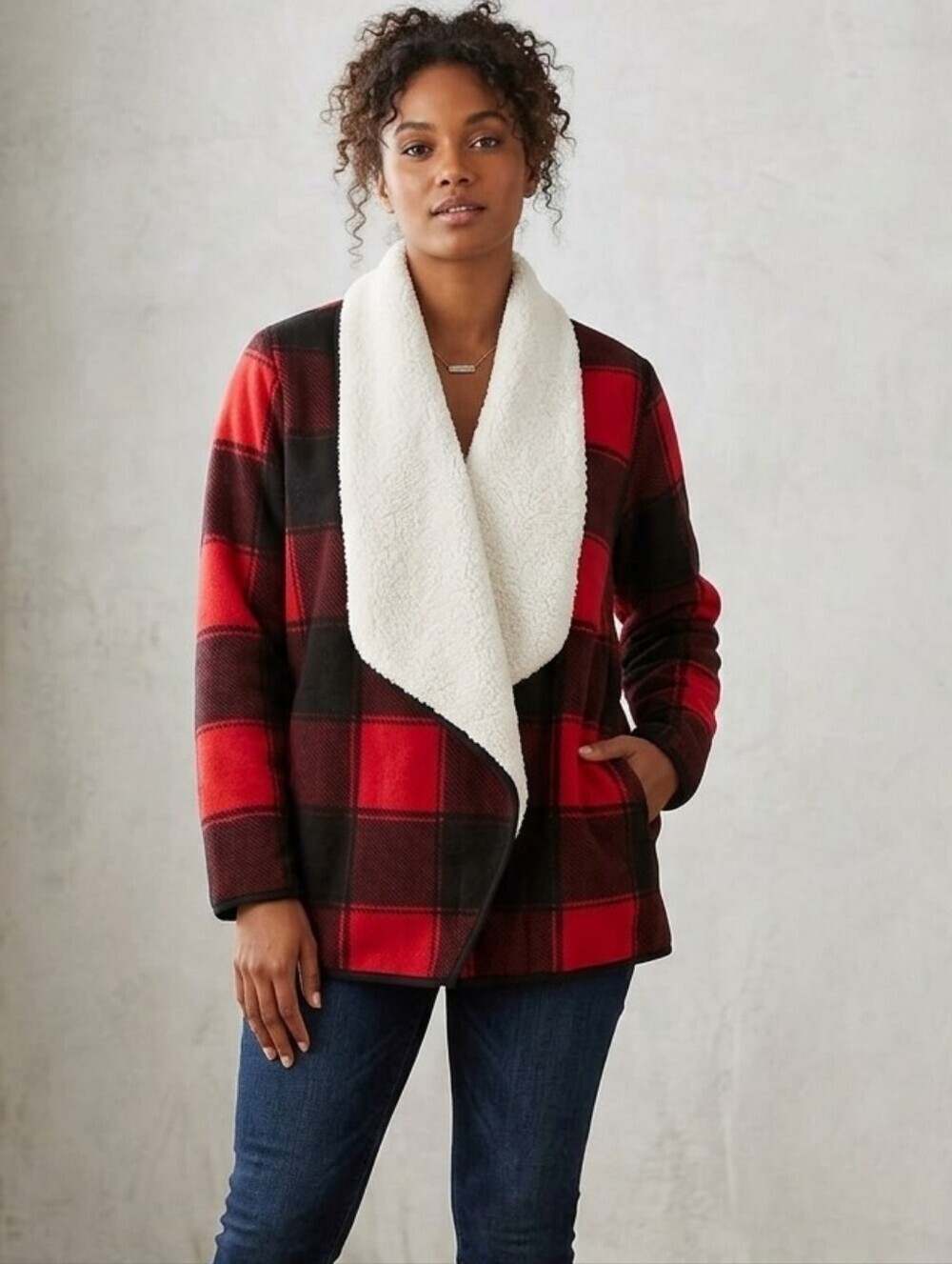 Sonoma Goods For Life Red Buffalo Plaid Sherpa Fleece Wrap Jacket XL